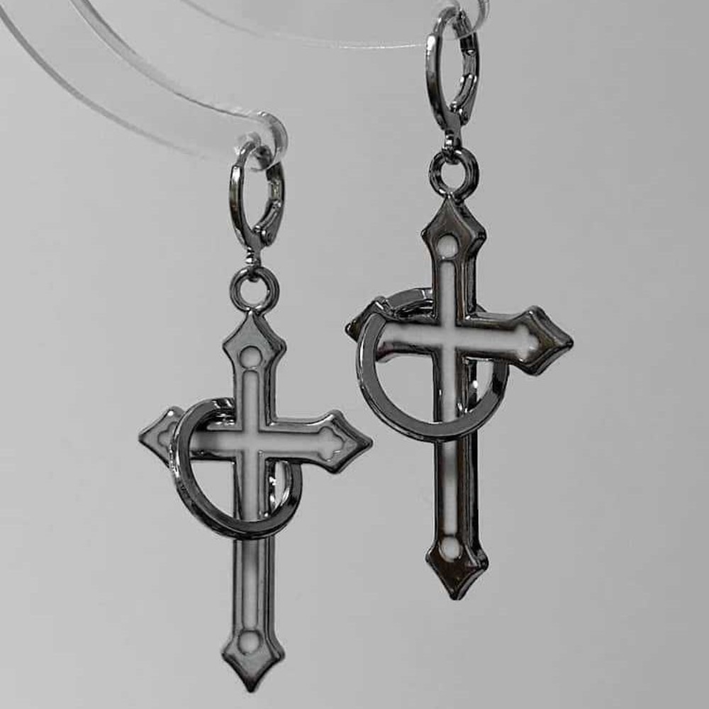Men Accessories Aesthetic - ロックゴシックシルバーカラー円形リングクロスダングルイヤリング女性男性用誇張されたフープイヤリング Y2K オルタナティブ美的ジュエリー