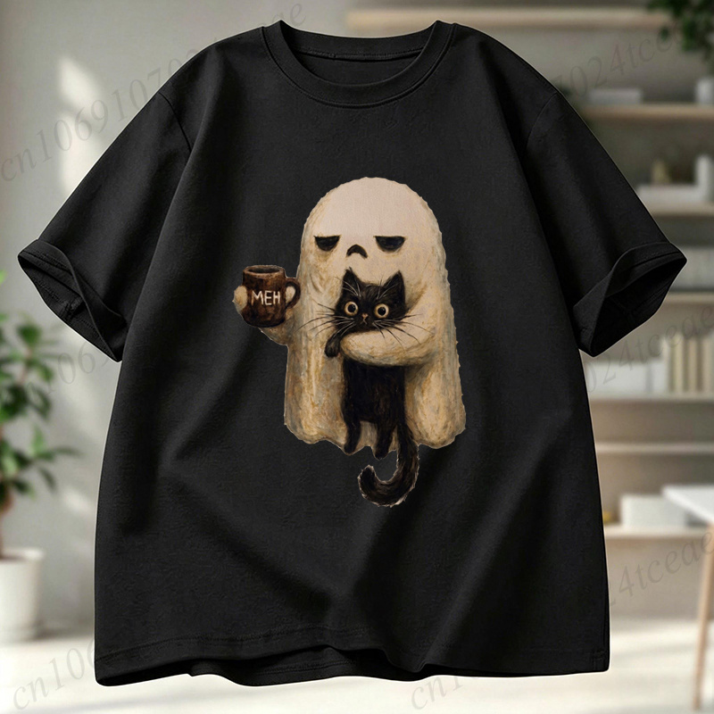 Men Accessories Aesthetic - ゴーストキャットシャツ不気味な黒猫美的グラフィックトップス女性男性半袖 Tシャツ面白い内向的なハロウィンコーヒー愛好家へのギフト
