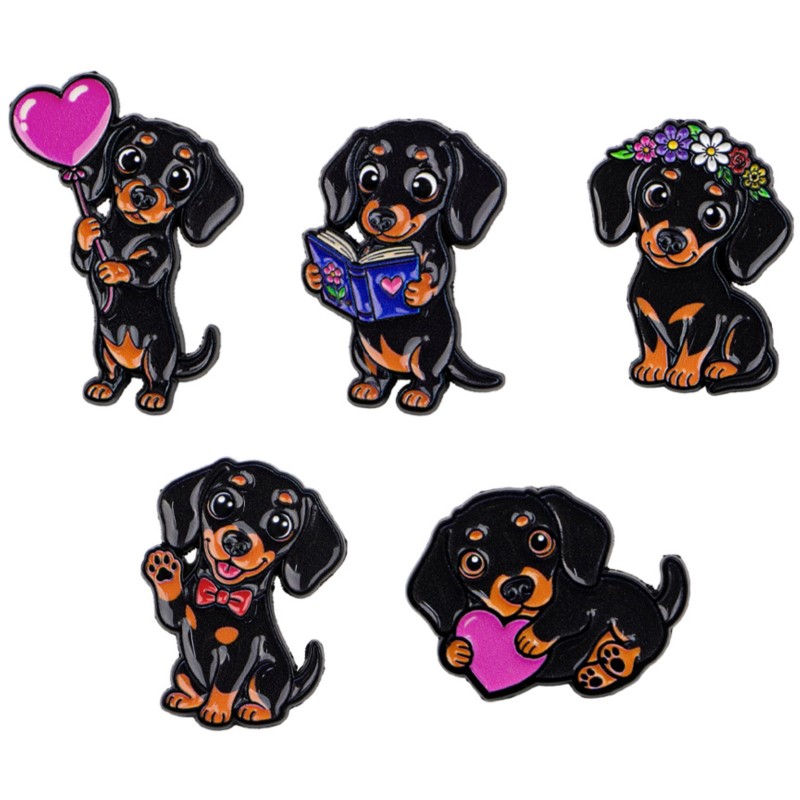 Lapel Pin Enamel - 5 個のかわいいダックスフントエナメルピンセットハートフラワーブックボウ犬漫画ブローチバックパック帽子服アクセサリー動物愛好家のギフト