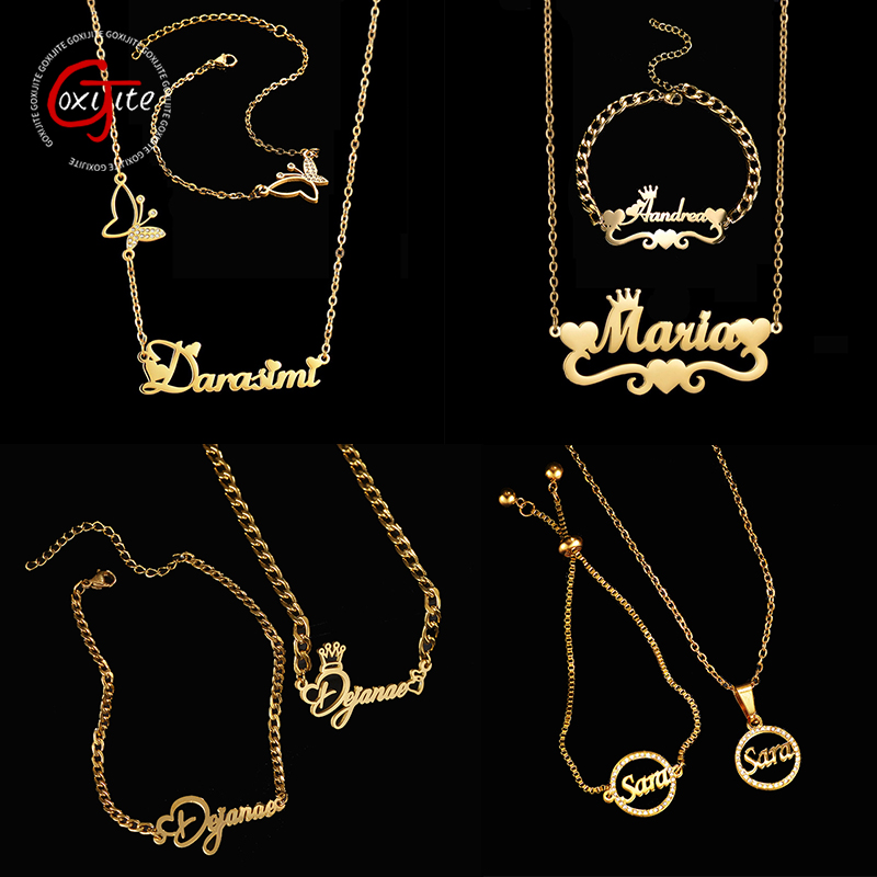 Men Accessories Name - Goxijite カスタマイズネームネックレスセット女性ステンレス鋼複数のスタイル要素ブレスレットジュエリーアクセサリーパーティーギフト