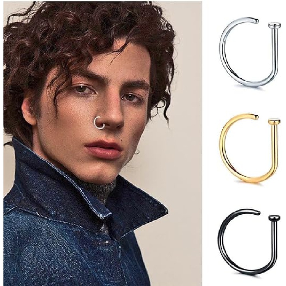 Men Accessories Collection - 4個セット ノンピアス D型ノーズリング フェイクノーズカフ ステンレス製クリップオンノーズフープ パンクミニマリストフェイクピアスノーズジュエリー
