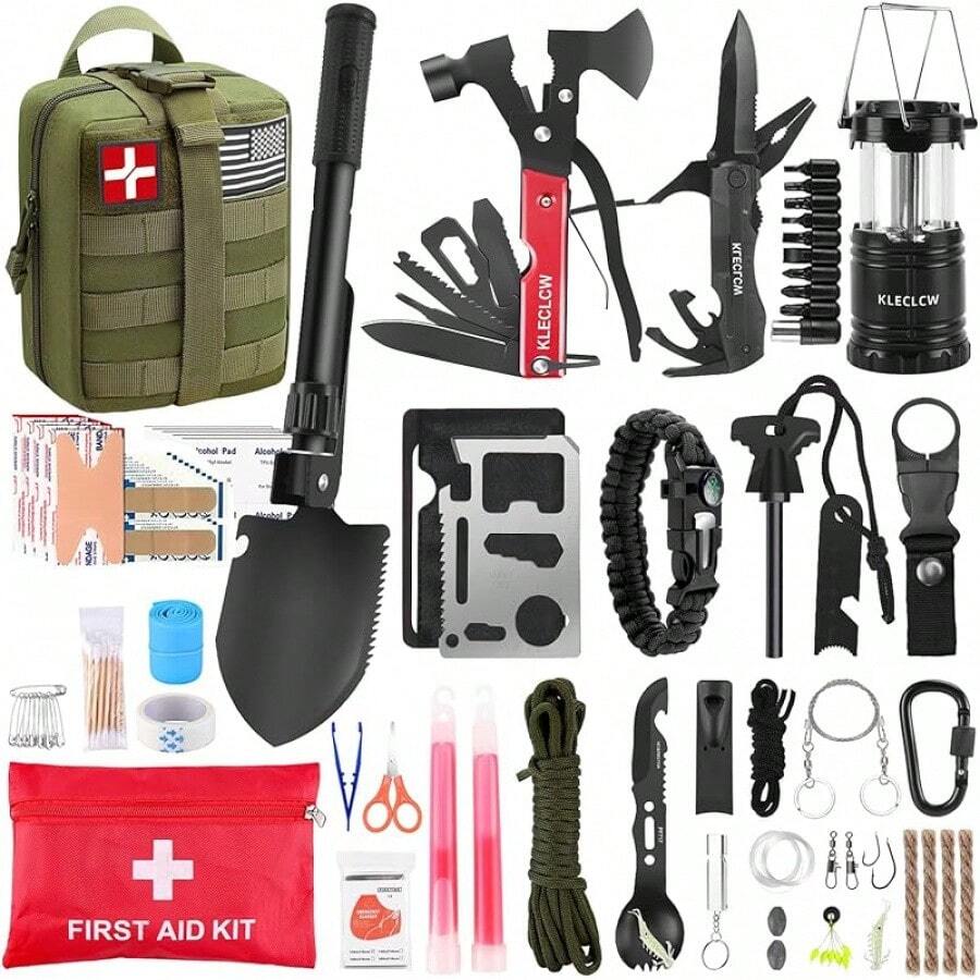 Men Accessories Kit Bag - サバイバルキットと救急キット、160点入り緊急用品キャンプアクセサリー、改良型モールバッグ付き、男性と女性へのギフト