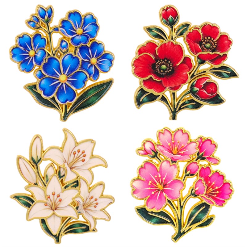 Lapel Pin Enamel - かわいいヴィンテージカラフルな花柄エナメルピンユリチェリーポピーブルーフラワーリーフブローチバックパック帽子服植物愛好家毎日のギフト