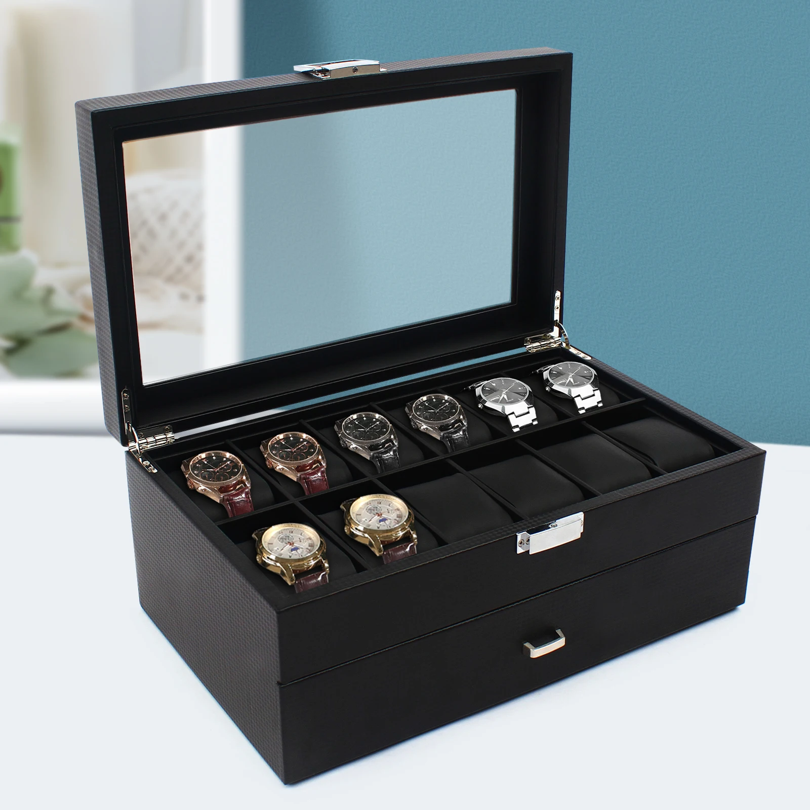 Men Accessories Organiser - 新しい 2 層 24 コンパートメント時計ボックスメンズケースガラストップディスプレイギフトオーガナイザーロック可能ブラック