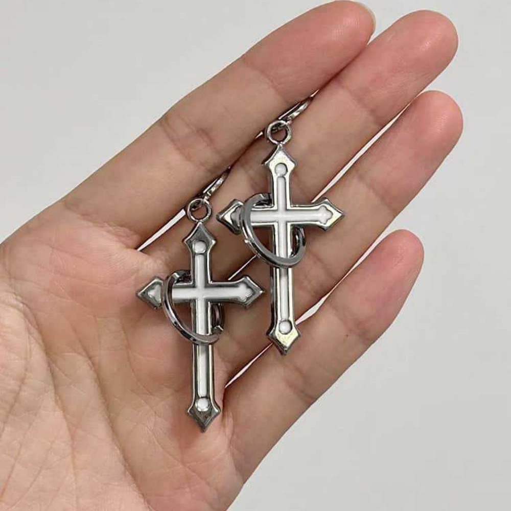 ロックゴシックシルバーカラー円形リングクロスダングルイヤリン - Men Accessories Aesthetic のレビューと価格