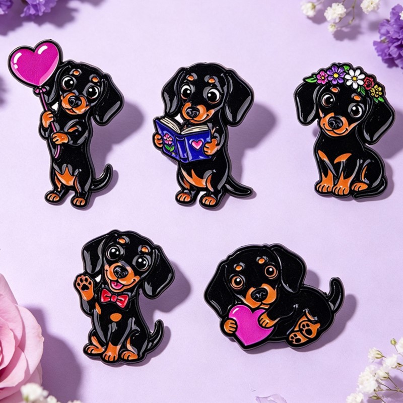 5 個のかわいいダックスフントエナメルピンセットハートフラワ - Lapel Pin Enamel のレビューと価格