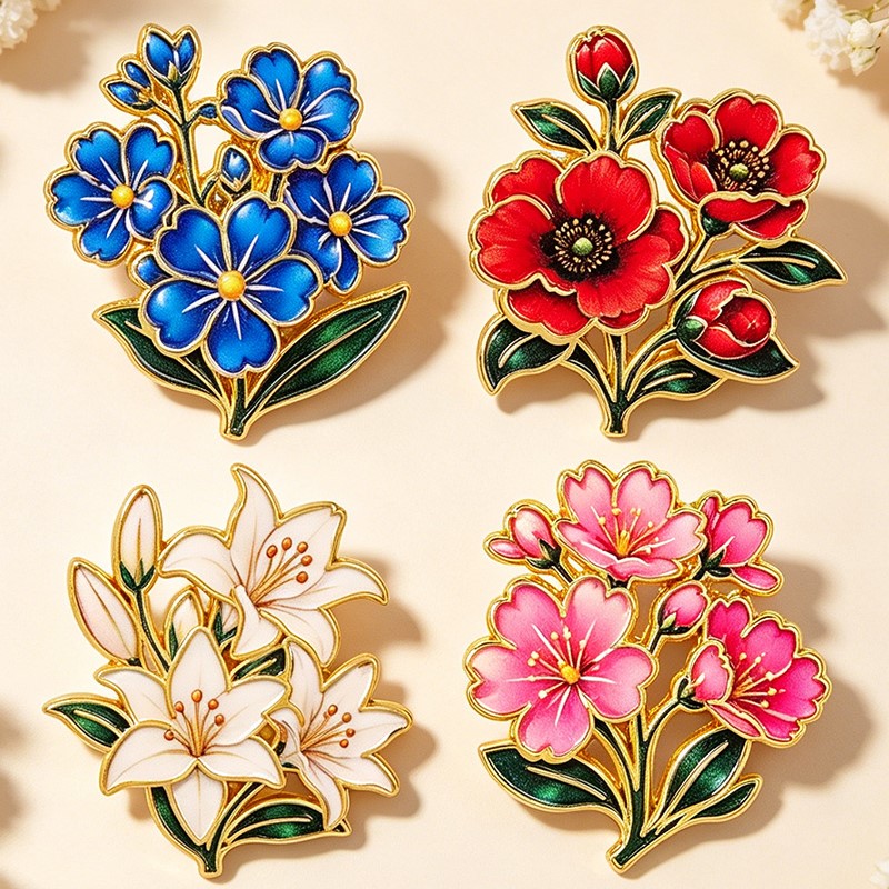 かわいいヴィンテージカラフルな花柄エナメルピンユリチェリーポ - Lapel Pin Enamel のレビューと価格