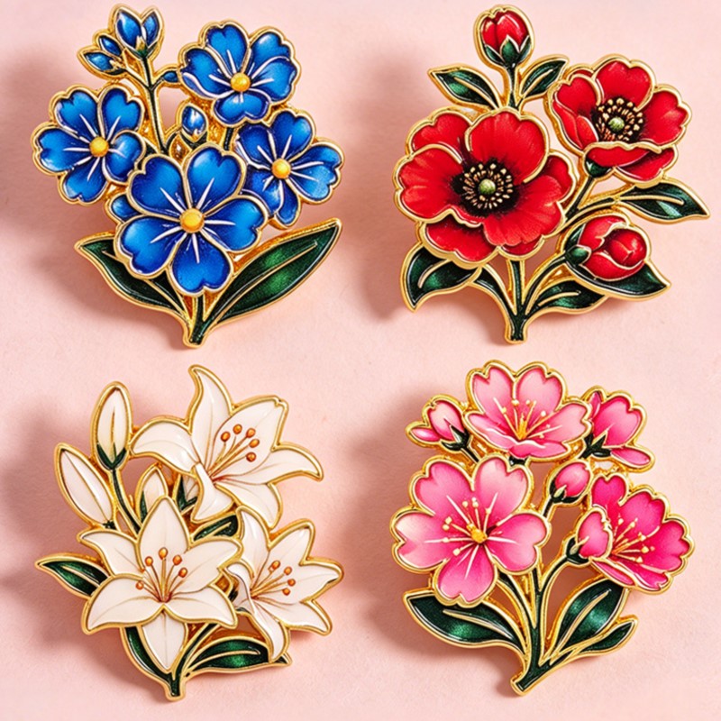 かわいいヴィンテージカラフルな花柄エナメルピンユリチェリーポ - Lapel Pin Enamel のレビューと価格