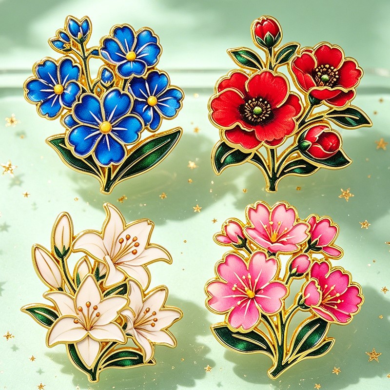 かわいいヴィンテージカラフルな花柄エナメルピンユリチェリーポ - Lapel Pin Enamel のレビューと価格